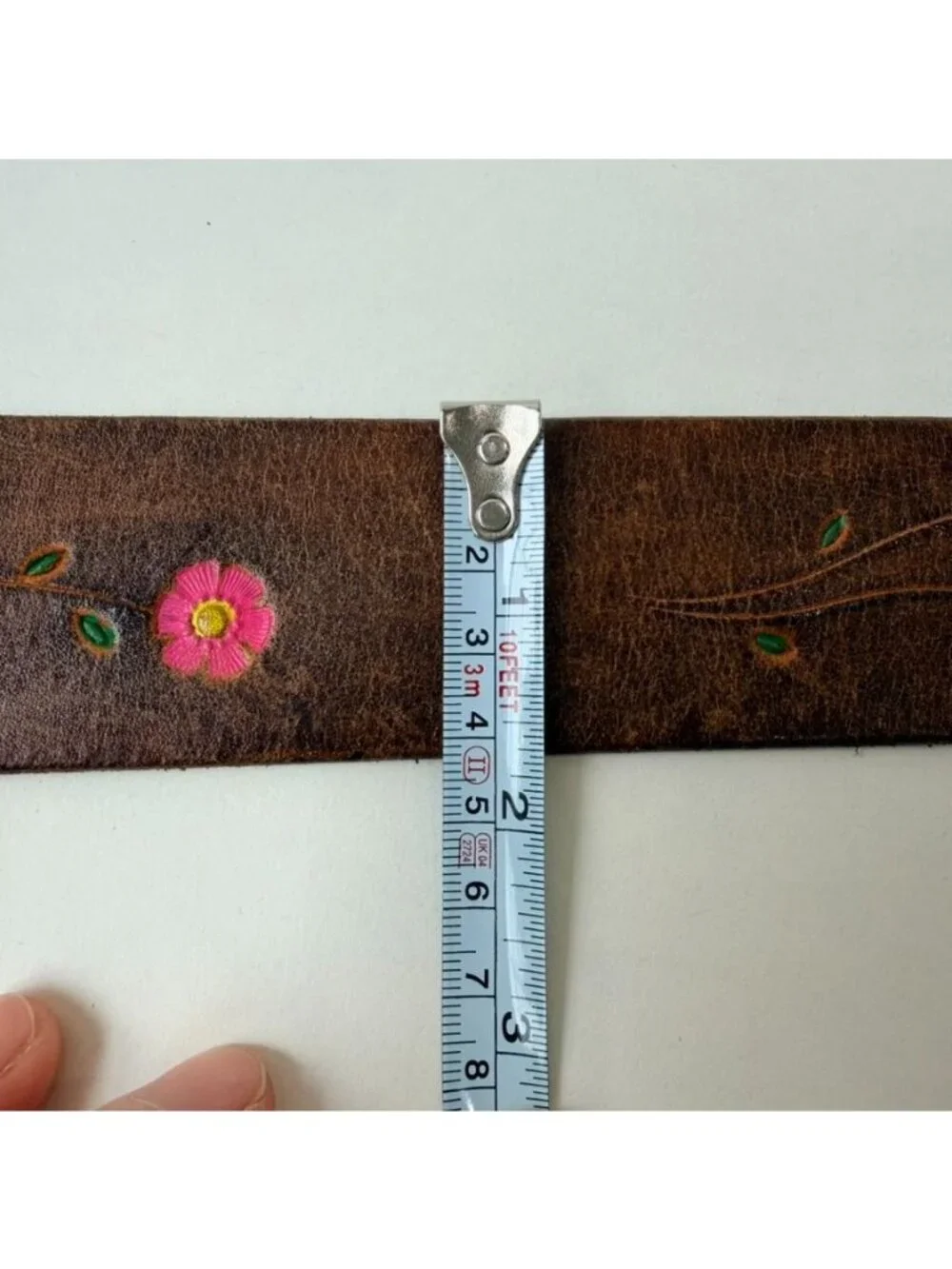 Vintage Hand Painted Floral Leather Belt Brown Brass Buckle Men's Size 30